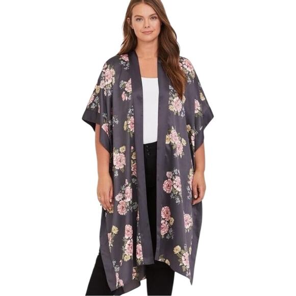Torrid Kimono Robe Side Tie Open Front Gray Pink Floral Satin Women’s Plus OS - Picture 13 of 13